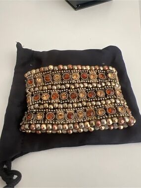 Vintage Embellished Beaded Flex Wide Cuff Bracelet | Amber Crystal Egyptian